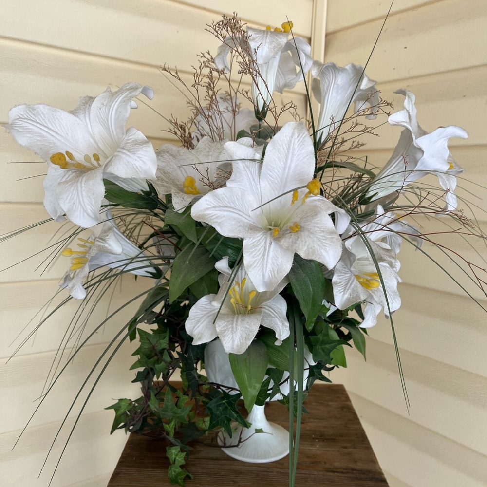 Elegant Faux Flower Arrangement: White Lilies & Greenery in White Plastic Vase